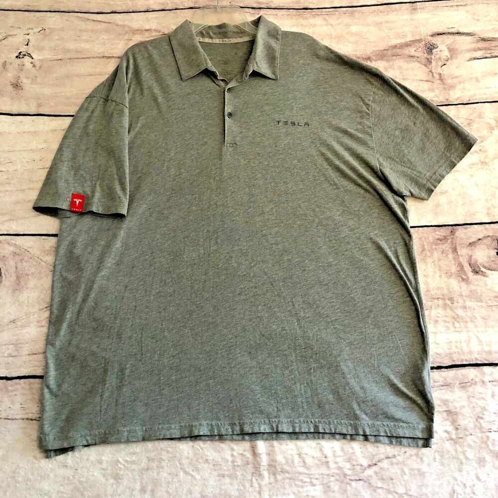 Tesla Polo Shirt Mens 3XL Heathered Gray Short Sleeve Red Logo Casual Golf Cars